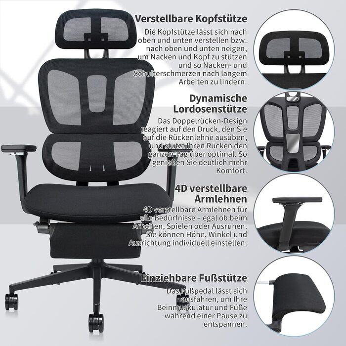 Ергономічне крісло для офісу з підніжкою, висока спинка, 2D підголівник, відкидні підлокітники, сидіння з губки, сітчастий офісний крісло, крісло для начальника, комп'ютерне крісло для дорослих, чорне