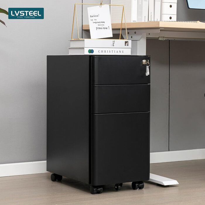 Металевий роликовий контейнер LVSTEEL з 3 висувними шухлядами, офісний, для дому, з замком, білий (чорний), 59.3 x 30 см
