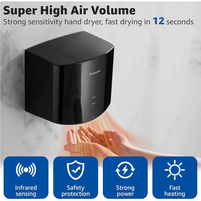 Електричний автоматичний сушар для рук Modunful, настінний, 1200W, чорний