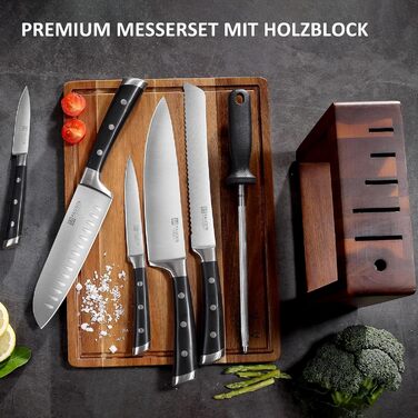 Набір ножів Paudin 7 предметів з дерев'яним блоком: кухонні ножі з нержавіючої сталі та ABS ручками