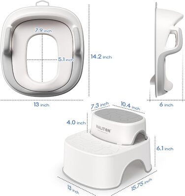 Дитяче сидіння на унітаз Maliton з двоступеневою підніжкою для дітей 1-8 років, біло-сіре або біле