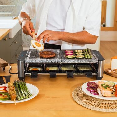 Електричний гриль-ракушетка Cecotec Raclette Cheese&Grill 16000 Inox на 8 осіб, 1400 Вт, з регулюванням температури, 2 грильні пластини (алюміній 20x22 см та натуральний камінь 20x22 см), 8 сковорідок та 8 лопаток