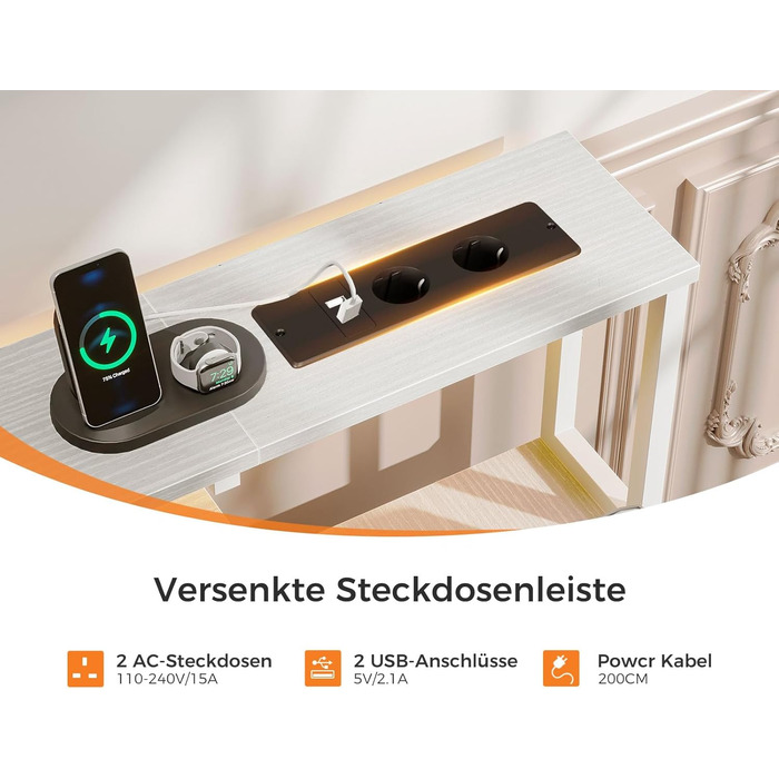 Ігровий стіл Coleshome з LED підсвічуванням, 140x48 см. Стіл з тканиними ящиками, комп'ютерний стіл з 2 розетками та 2 USB-портами, стіл для ігор з підставкою для монітора для дому/офісу, білий 140x48 см