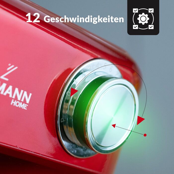 Кухонна машина Lehmann - планетарний міксер з набором аксесуарів - 3 насадки, кришка-розбризкувач, чаша 5л, 12 швидкостей, захист від перегріву, неслизька, червона