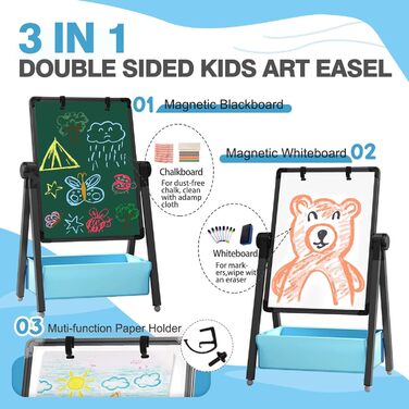 Дитяча мольберт Kinderstaffelei: двосторонній, металевий, регульований по висоті, 360° обертання, дошка для малювання та письма з літерами та цифрами (чорний)