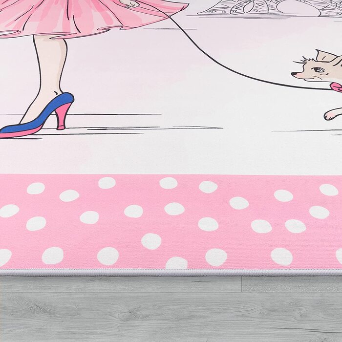 Дитячий килим, миється килим для дитячої кімнати, пастельний, Сучасний, для дівчаток, з собакою Ейфелевої вежі, Рожевий, Синій, Розмір80x150 см (140x200 см)