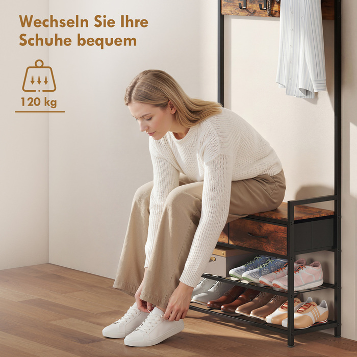 Вішалка для одягу з гачками, лавка для взуття, індустріальний органайзер для передпокою, сталевий каркас, рустикально-коричневий