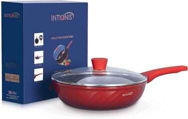 Сковорода INTIGNIS з антипригарним покриттям вок з кришкою, сковорода вок 30 см індукційна газова електрична плита, каструля без хімікатів червона
