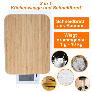 Кухонні ваги Цифрова обробна дошка з дерев'яною дошкою (РК-дисплей, функція зважування, місткість 10 кг)