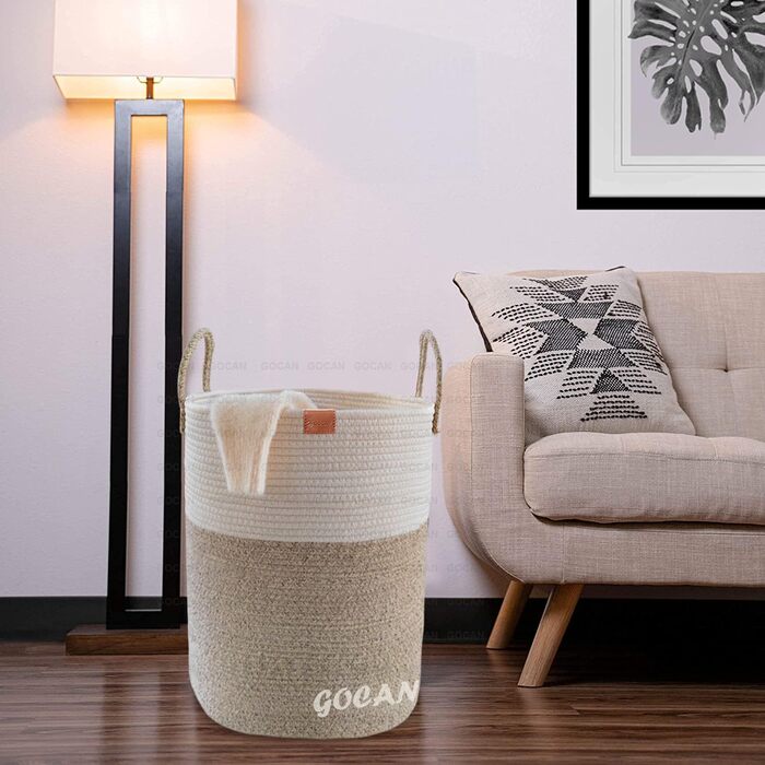 Великий міцний кошик для білизни з плетеного матеріалу сірого/бежевого кольору (D38H50cm)