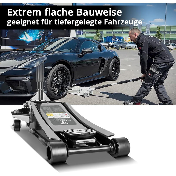 Гідравлічний домкрат Stahlwerk 3т низькопрофільний 73-500мм з гумовими колесами та поворотним руків'ям