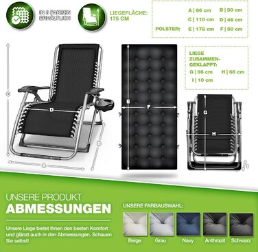 Розкладний шезлонг Tillvex® для саду та відпочинку | Макс. 200 кг, регульований, з товстим матрацом та подушкою для шиї | Чорний