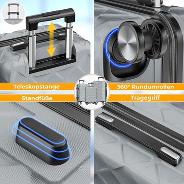 Набір валіз KESSER® 3 шт. | Валізи з ABS, з кодовим замком, ваговою шалькою та органайзером для документів | 360° колеса | Ручна поклажа та великі валізи для подорожей та бізнесу | Сірий колір