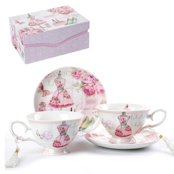 Набір чашок та блюдець London Boutique, Шabby Chic, вінтажний дизайн, порцеляна з квітковим візерунком, 2 комплекти в подарунковій коробці, кераміка (Роза)