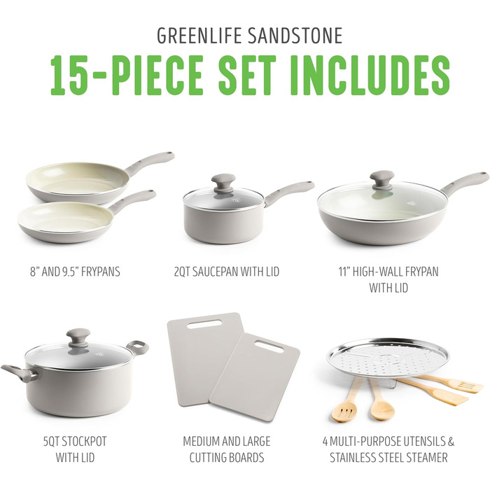 Набір посуду GreenLife Пісковик 15 шт. , без PFAS, можна мити в посудомийній машині, сірий