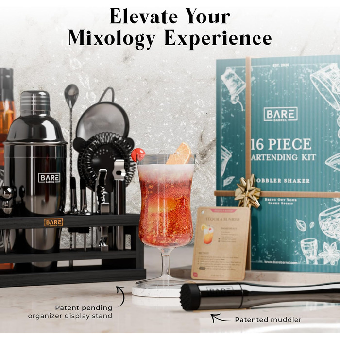 Набір бармена BARE BARREL® Mixology: 16 предметів для приготування коктейлів | Шейкер, барне аксесуар, інструменти для дому | 35 рецептів + подарунковий набір (680.4 г Cobbler Shaker)