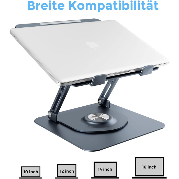 Підставка для ноутбука з поворотним основанням на 360°, регульована по висоті, ергономічна, з вентиляцією, складана, стабільна, з алюмінію, для столу (темно-сіра)