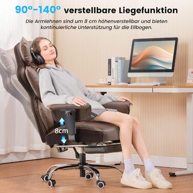 Ігровий крісло COMHOMA з ергономічною підтримкою спини, регульованими підлокітниками та широким сидінням (колір: коричневий)