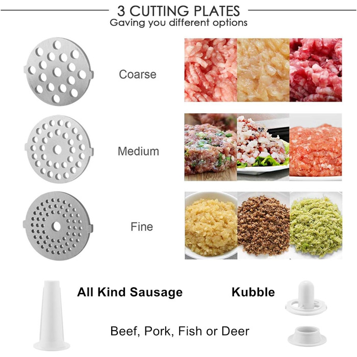 Електрична м'ясорубка з нержавіючої сталі з 3-ма дисками, ножем та насадкою для кубиків, ETL-сертифікат, 2000 Вт, чорний
