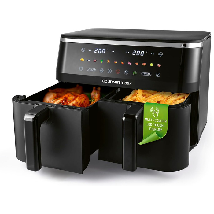 GOURMETmaxx Фрай-Ап Вертикальна Подвійна Камера Гарячого Повітря Фритюрниця | Вертикальний Airfryer | Складне Сенсорне Дисплей | 32% Економія Місця | Об'єм 10Л | Фритюрниця Гарячого Повітря 2 Камери (Чорний, 9 Літрів (2x 4,5Л))
