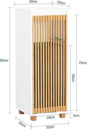 Тумбочка у ванну кімнату SoBuy, вузька, 33x165x33 см, з бамбуковими дверцятами, білий колір, для зберігання речей