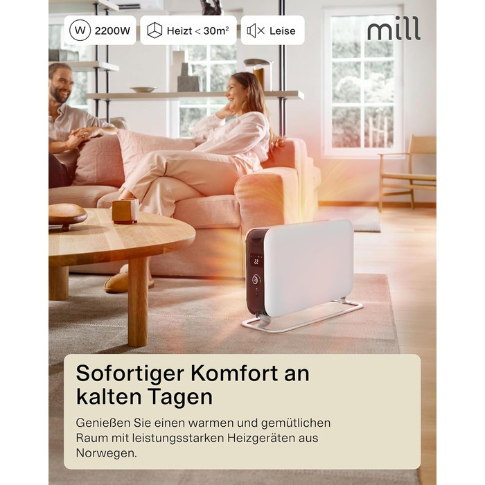 Електричний конвекторний обігрівач Mill 2200W для приміщень 26-30 м² з таймером, білий