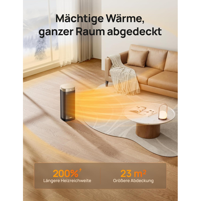 Електричний обігрівач DREO Solaris Slim H2, 2000W, керамічний, з термостатом, таймером, 3 режими, осциляція 70°, захист від перегріву та перекидання, золотий