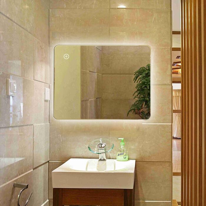 LED-дзеркало для ванної кімнати на стіну з сенсорним вимикачем, без ртуті, 4 мм, холодне біле світло (50 x 70 см)