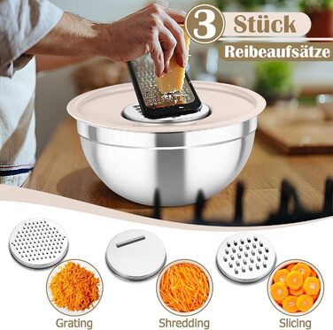 Набір салатниць TEAMFAR 6 шт. з нержавіючої сталі з кришками та силіконовими ніжками, 0,7L / 1,5L / 1,6L / 2,5L / 2,8L / 4,6L, багатофункціональний, для миття в посудомийній машині, з терками