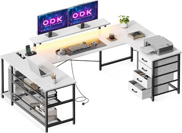 Кутовий стіл ODK з 4 шухлядами, місцем для зберігання, 2 розетками та 2 USB-портами для зарядки, з підсвічуванням LED та підставкою для монітора, 167×102 см, білий
