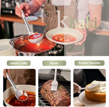 Набір кухонних помічників, 26 предметів: силіконове кухонне приладдя з нержавіючою сталею, стійке до нагрівання, з підставкою, антипригарне, для посудомийної машини - Хакі