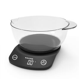 Електронні кухонні ваги Salter 1074 BKDR - цифрові ваги для випічки з чашею для миття в посудомийній машині об'ємом 1,8 л, максимальна вага 5 кг, функція нуля/тари, вимірювання рідин у мл/фл. OZ, Чорний сингл