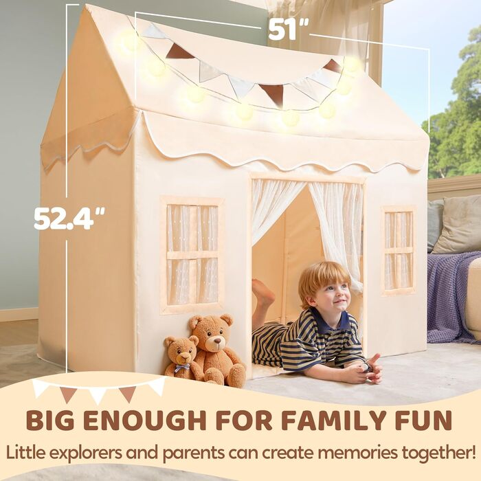 Дитячий намет SYNCFUN з килимком та світлом для гри в приміщенні. Ігровий будиночок для дівчаток 3-13 років (Бежевий).