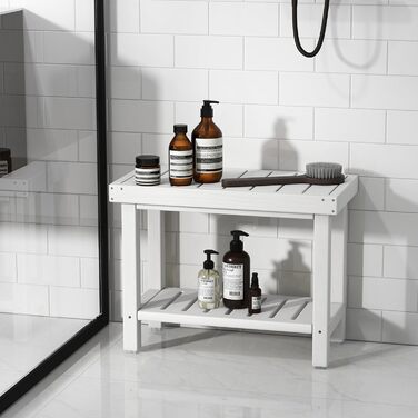 Двоступінчата душова лавка GOPLUS з підставкою для речей, біло-коричнева, 61 x 31 x 49 см