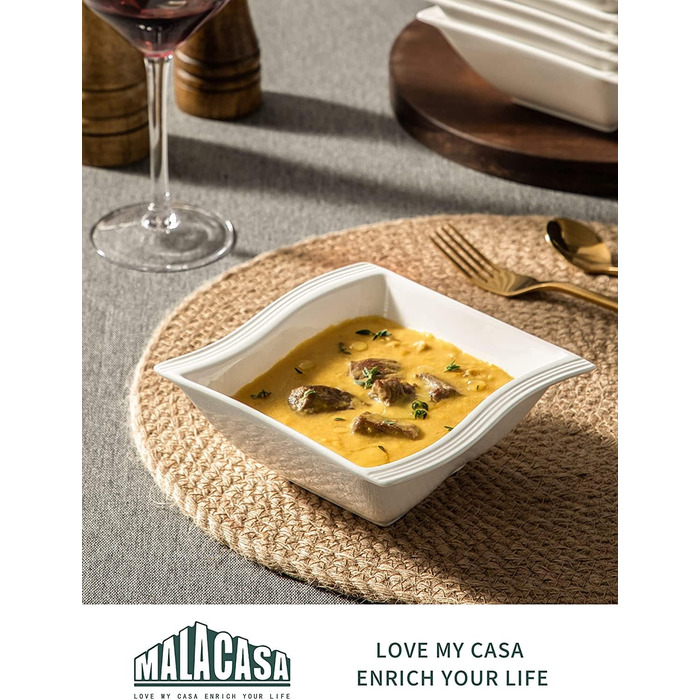 MALACASA Серія Flora – 60-елементний посуд для 12 осіб – кремово-білий порцеляновий сервіз з квадратним дизайном (тарілки, чашки, підставки) – придатний для миття в посудомийній машині та мікрохвильовій печі, білий