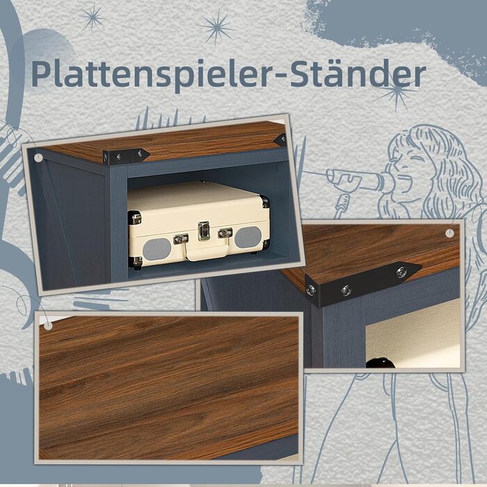 Підставка для програвача вінілу з місцем для платівок, шафка-регулятор для 160 альбомів, дерев'яна підставка для програвача, шафа-вітрина для вітальні, спальні, офісу (Блакитна)