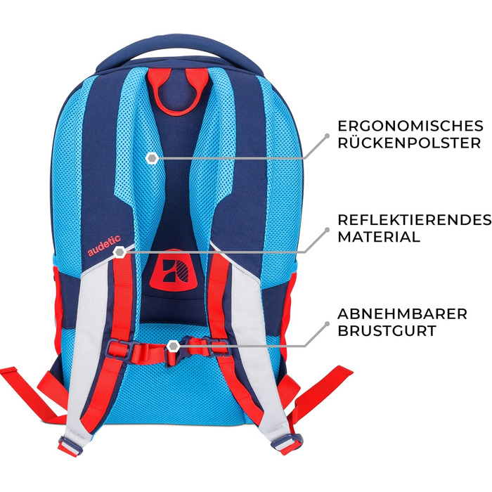 Шкільний рюкзак AUDETIC AERO Teen - Ергономічний, багато відділень, водовідштовхувальний (Синій/Червоний)