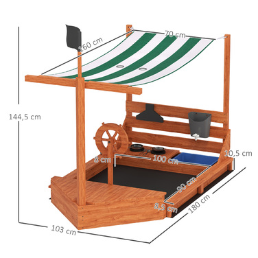 Outsunny Sandpit Sandpit великий з кришкою в дизайні корабля Грязьовик з дерева Вітрильний корабель Ігровий будиночок з кухнею Ігровий набір для зберігання для дітей 3-7 років Помаранчевий 180 x 103 x 144.5 см