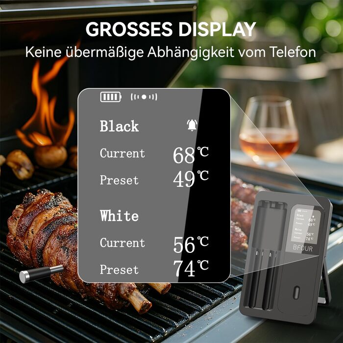 Бездротовий термометр для м'яса BFOUR з 2 зондами, Bluetooth, LCD-дисплей, керування через APP, цифровий термометр для приготування на грилі, в духовці, мангалі, BF-40 PRO, чорний