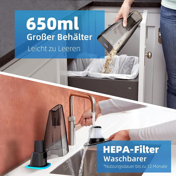 Акумуляторний ручний пилосос PowerClean 2300 для сухого та вологого прибирання з зарядним пристроєм та мийним HEPA-фільтром, безмішковий