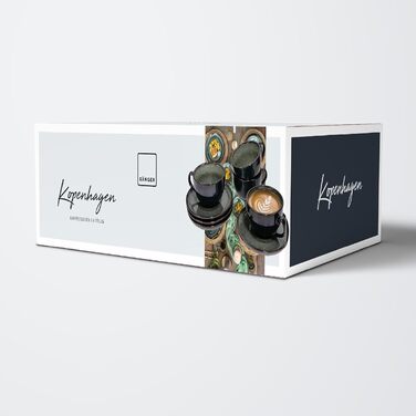 Набір кавових чашок SÄNGER Kopenhagen 8 шт., кавовий сервіз на 4 особи, набір чашок та блюдець, стійкий до миття в посудомийній машині, чашки та блюдця з порцеляни сірого кольору з зеленою внутрішньою стінкою, об'єм 200 мл, PREMIUM COLLECTION