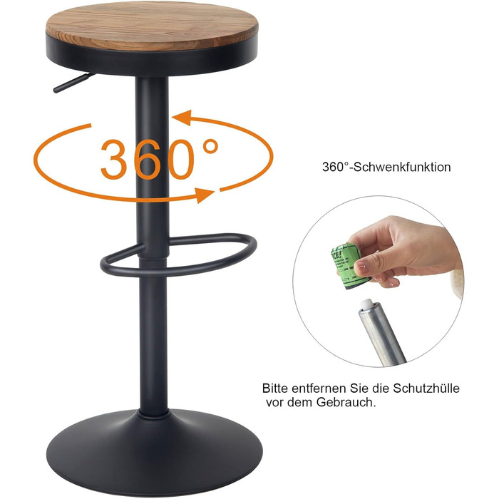 Барні стільці Kidol & Shellder 2 шт. Регульована висота, поворотні на 360°, кругла дерев'яна стільниця на металевому каркасі, чорний колір. Підходять для кухні, бару, вітальні.