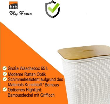 Кошик для білизни HRB 65 л, Ротанговий вигляд, пластик, сортувальник білизни з кришкою (білий-бамбук)