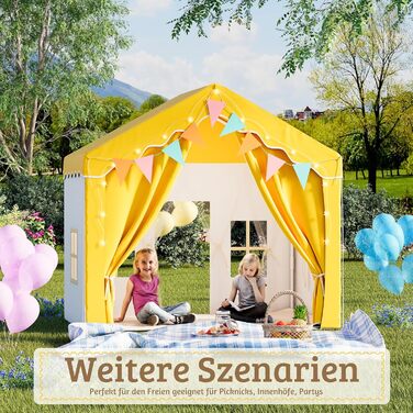 Дитяче намет-будиночок EROMMY 2-в-1 з килимком, прапорцями та світлодіодними смугами, з двома дверцятами, з даховим віконцем, для дому, від 3 років (Жовтий)