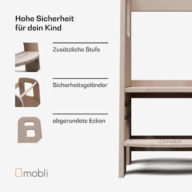 Стілець-лесенка Montessori Mobli для малюків: регульовані сходинки для незалежності та безпеки. Білий (шпон, дерев'яний малюнок)