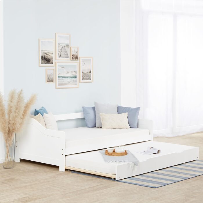 Висувне ліжко Homestyle4u 90x200 з ящиком для зберігання, з ламелями, для дітей, з дерева (сосна), білий