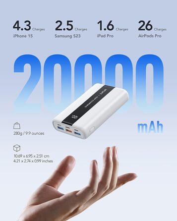 МАг, швидка зарядка 22,5 Вт, USB-C, сумісний з iPhone, Samsung, Huawei - білий, 20000