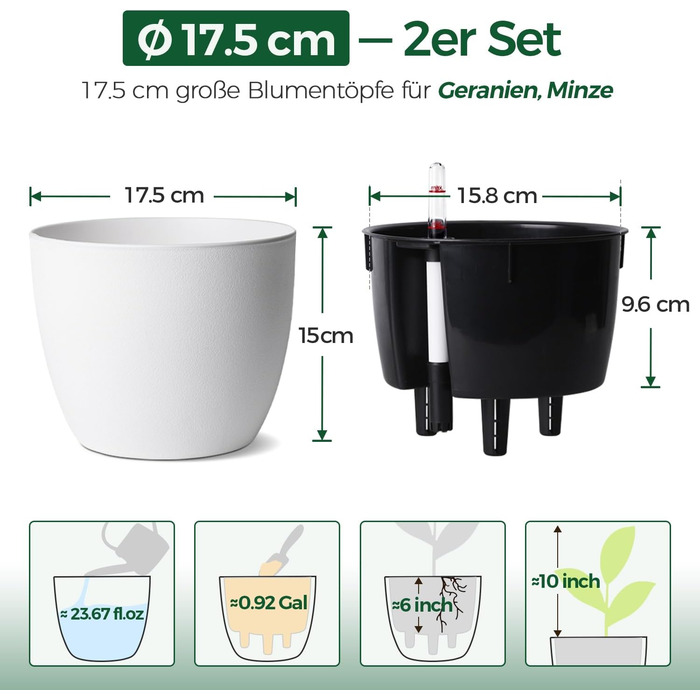 Автоматичний горщик для квітів з індикатором рівня води, 2 шт. - ідеальний вибір для зайнятих людей та початківців, підходить для монстери та розмарину, для дому та саду (білий, 17,5 см)