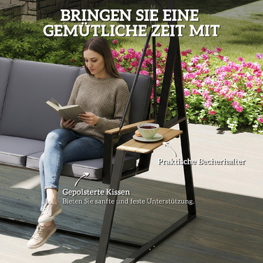 Гойдалка садова для трьох осіб з регульованим дахом, подушками та підставками для напоїв, вантажопідйомність 360 кг, сіра