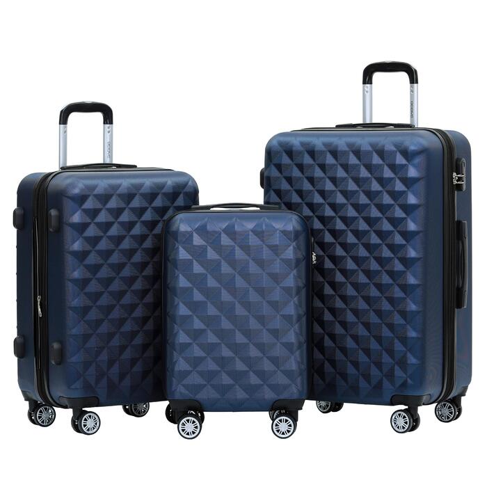 Набір дорожніх валіз BEIBYE з 4 предметів, твердий корпус, 4 подвійних колеса, комплект багажу для подорожей (Темно-синій)